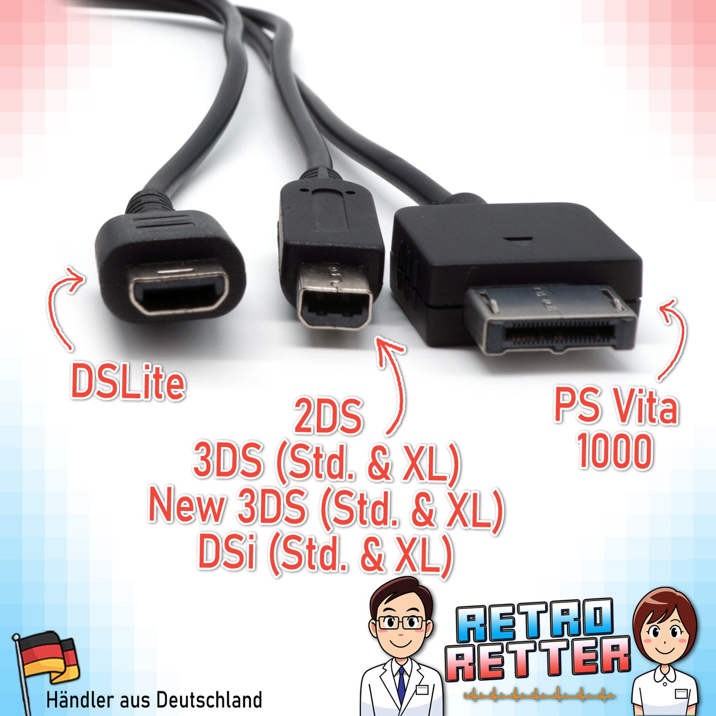 3in1 USB Ladekabel für alle Nintendo DS/3DS/2DS/DSi Varianten ab DS Lite & Sony PS Vita