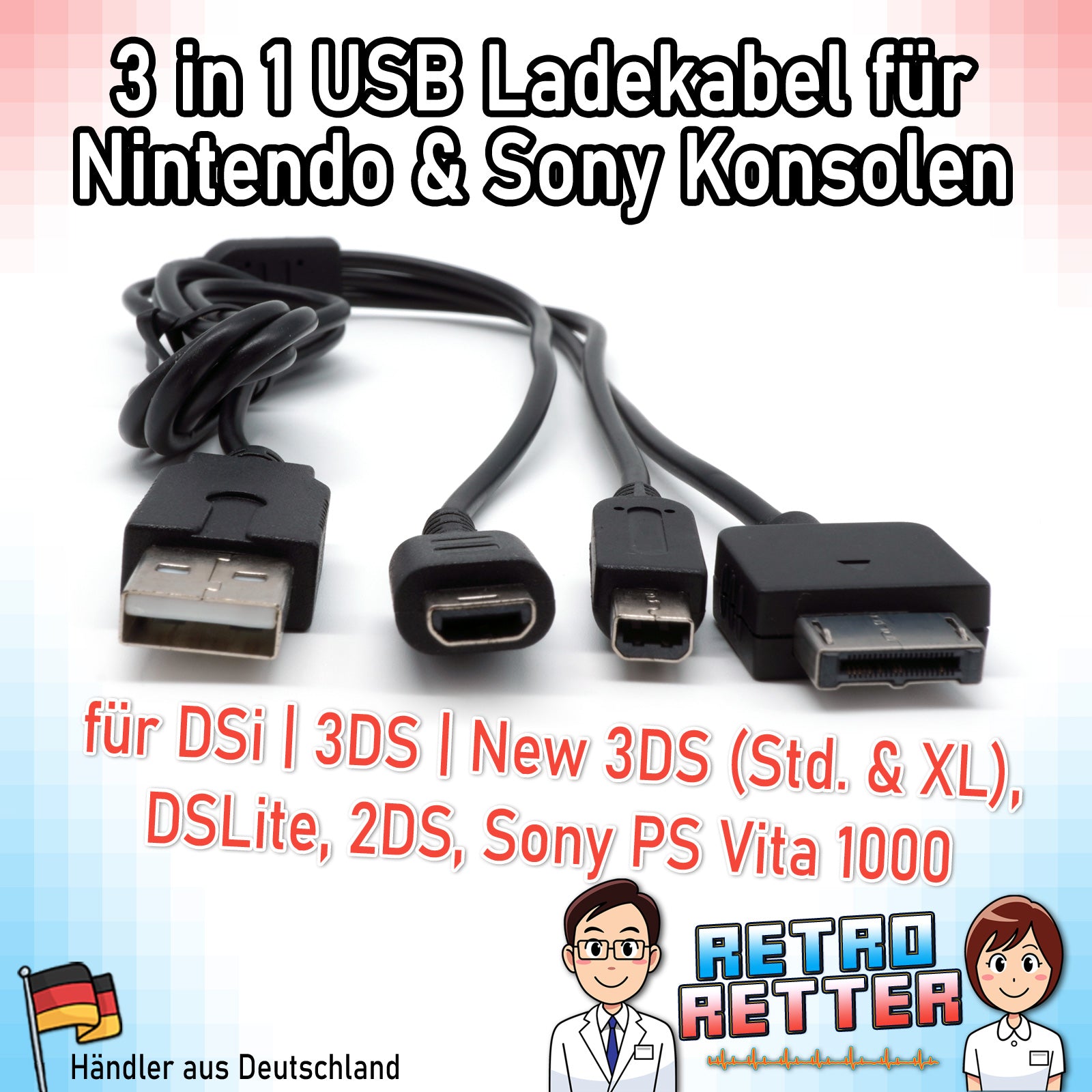 3in1 USB Ladekabel für alle Nintendo DS/3DS/2DS/DSi Varianten ab DS Lite & Sony PS Vita