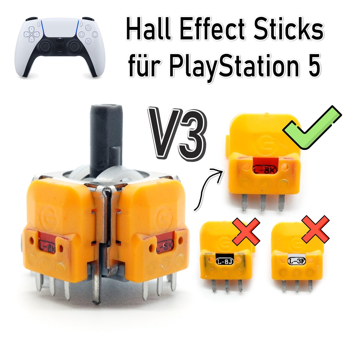 2x Hall Effect V3 Magnet Analog-Stick für PS5 Controller - Behebt Stick Drift dauerhaft dank Magnet Sensor -