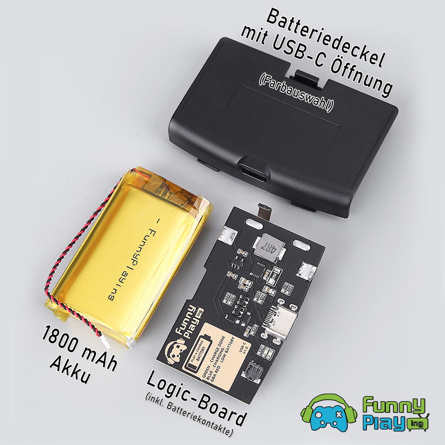 FunnyPlaying GBA Li-Ion Akku USB-C Modul mit Batteriedeckel GameBoy Advance