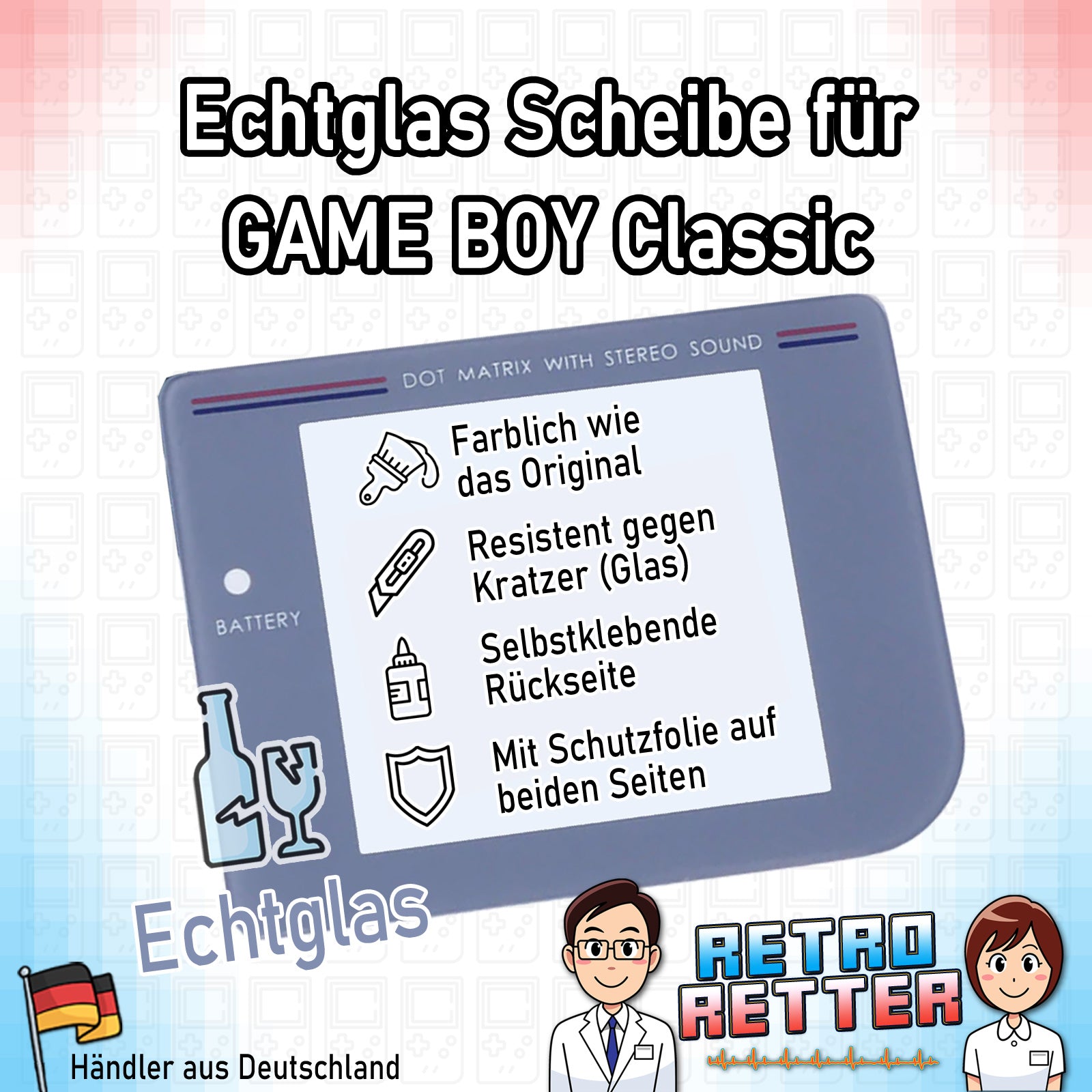 Ersatz Front Displayscheibe für den GAME BOY Classic - NEU Farbe: Classic Grau