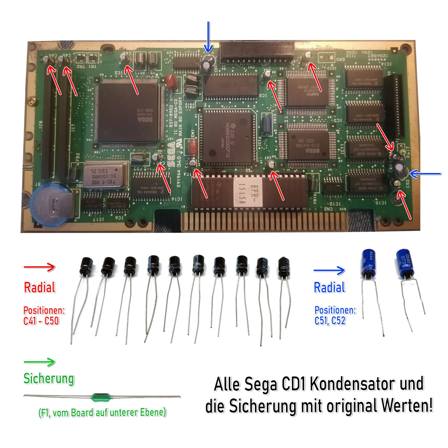 Sega Mega CD1 12x Kondensatoren + 1x Sicherung Set